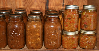 Jars of green tomato mincemeat (left) and relish (right)
