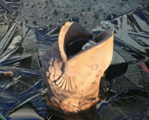 Fish emerging through the ice on the little pond