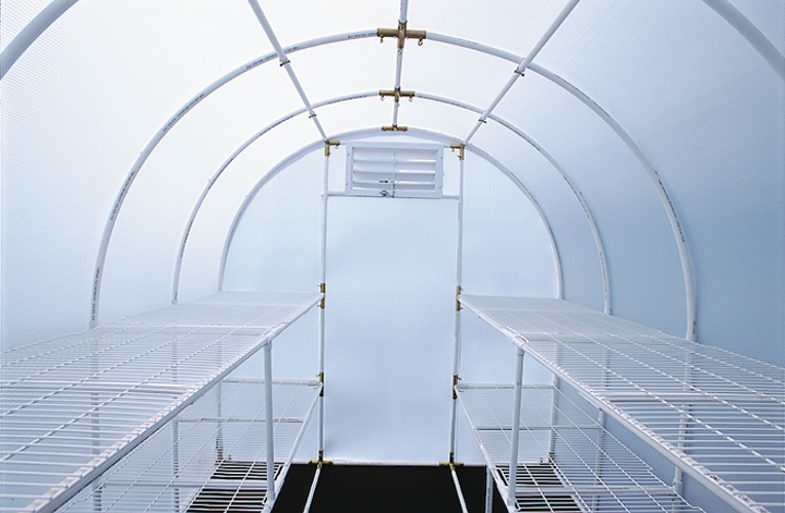 Solexx greenhouse kit shelving: inside the Oasis kit